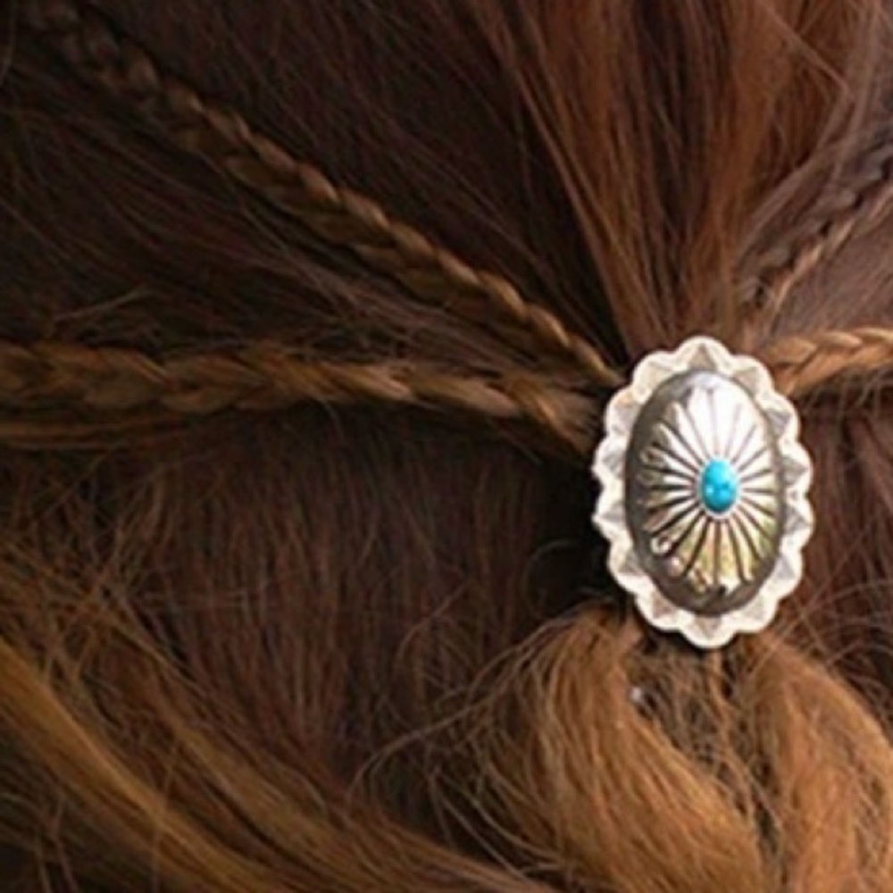 Southwest Silver Pumpkin Concho Flower Turquoise Blue Elastic Band Hair Tie (B) - Picture 2 of 2